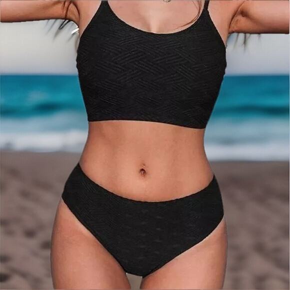 CUPSHE Black Textured Bikini Set Womens Small 2 Piece Scoop Neck High Waist NWT - Picture 1 of 10